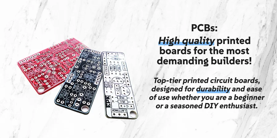 effectpedalkits-home-banner-pcbs-text PCBs: High quality printed boards for the most demanding builders. Top-tier printed circuit boards, designed for durability and ease of use whether you are a beginner or a seasoned DIY enthusiast.